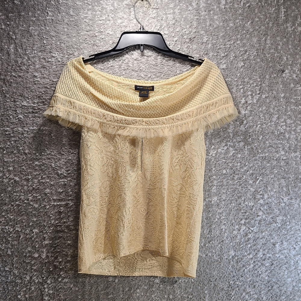Grace Dane Lewis Petite Medium Crochet Top Ivory Beige Off The Shoulder NWT